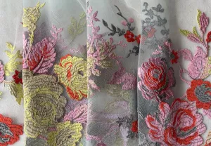 Lushly Embroidered Peonies on Pale Aqua Polyester Mesh (Made in Italy)