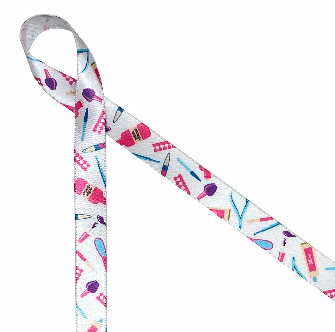 Manicurist ribbon with elements of the trade printed on 5/8" white single face satin