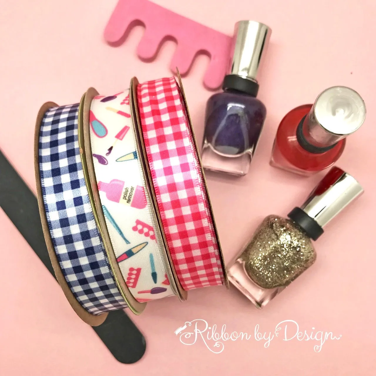Manicurist ribbon with elements of the trade printed on 5/8" white single face satin
