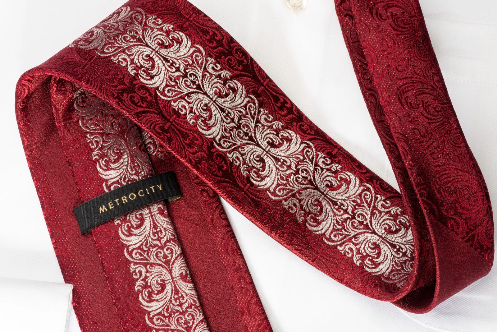Metro City Silk Rhinestone Tie Silver Damask On Burgundy With Red Sparkles