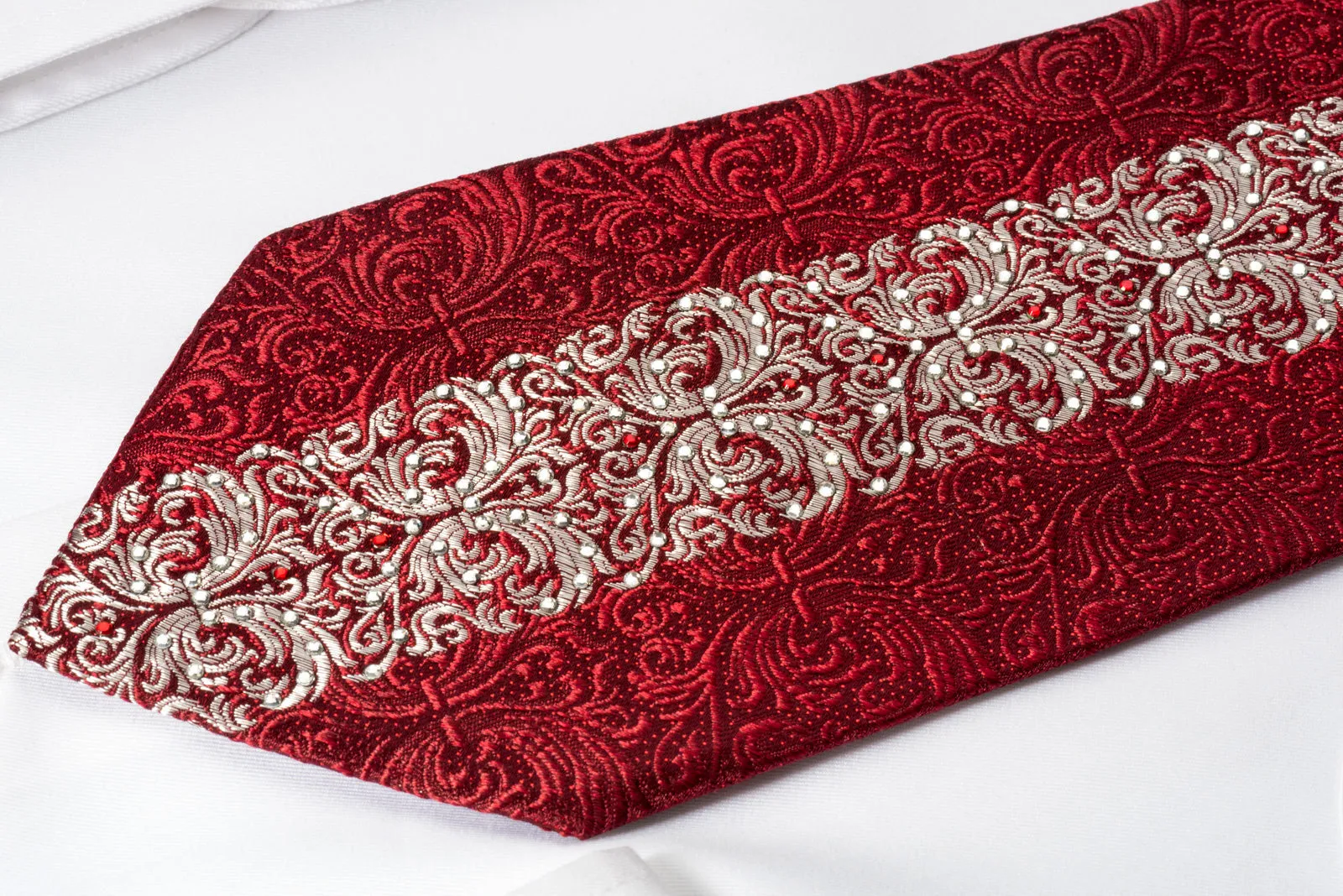 Metro City Silk Rhinestone Tie Silver Damask On Burgundy With Red Sparkles