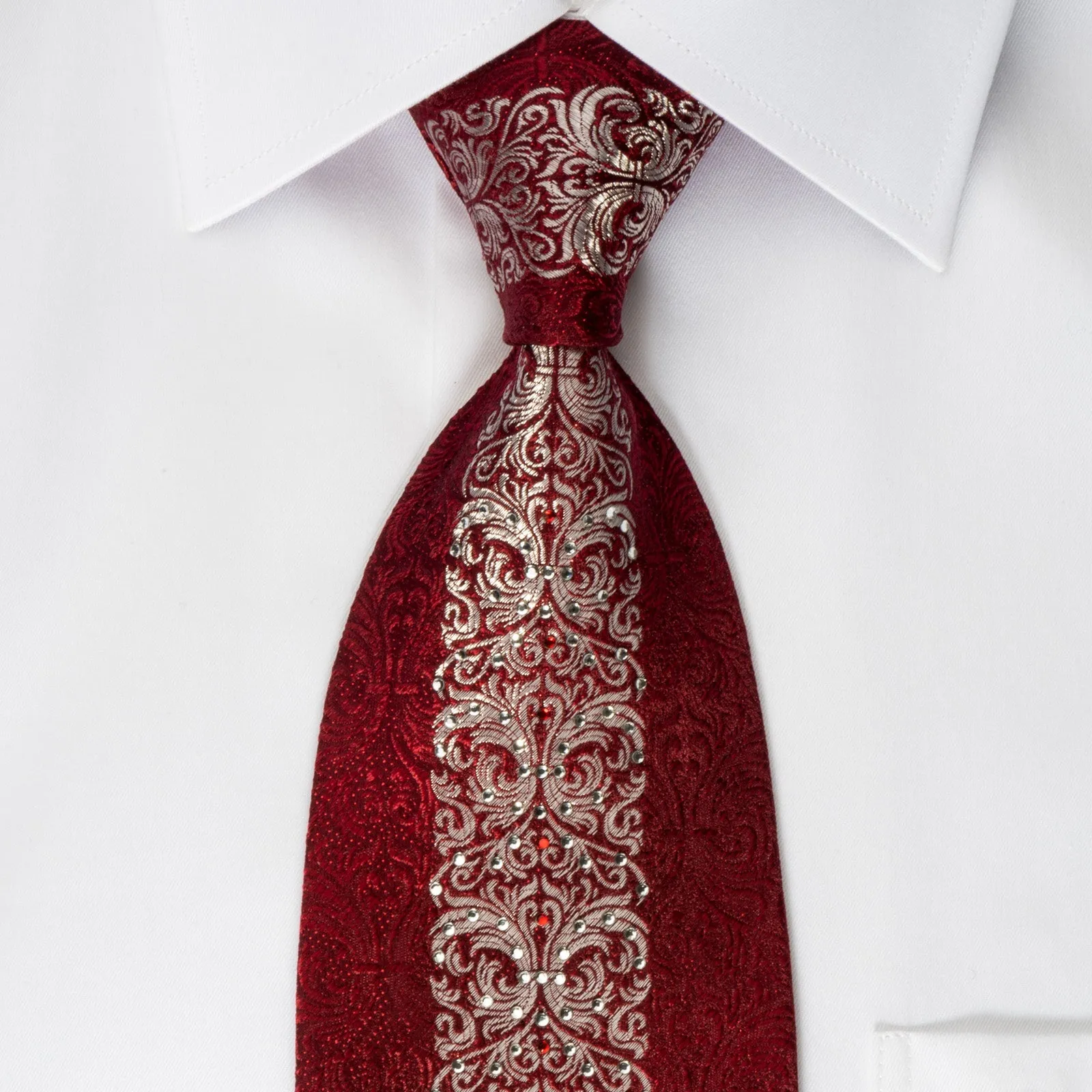 Metro City Silk Rhinestone Tie Silver Damask On Burgundy With Red Sparkles