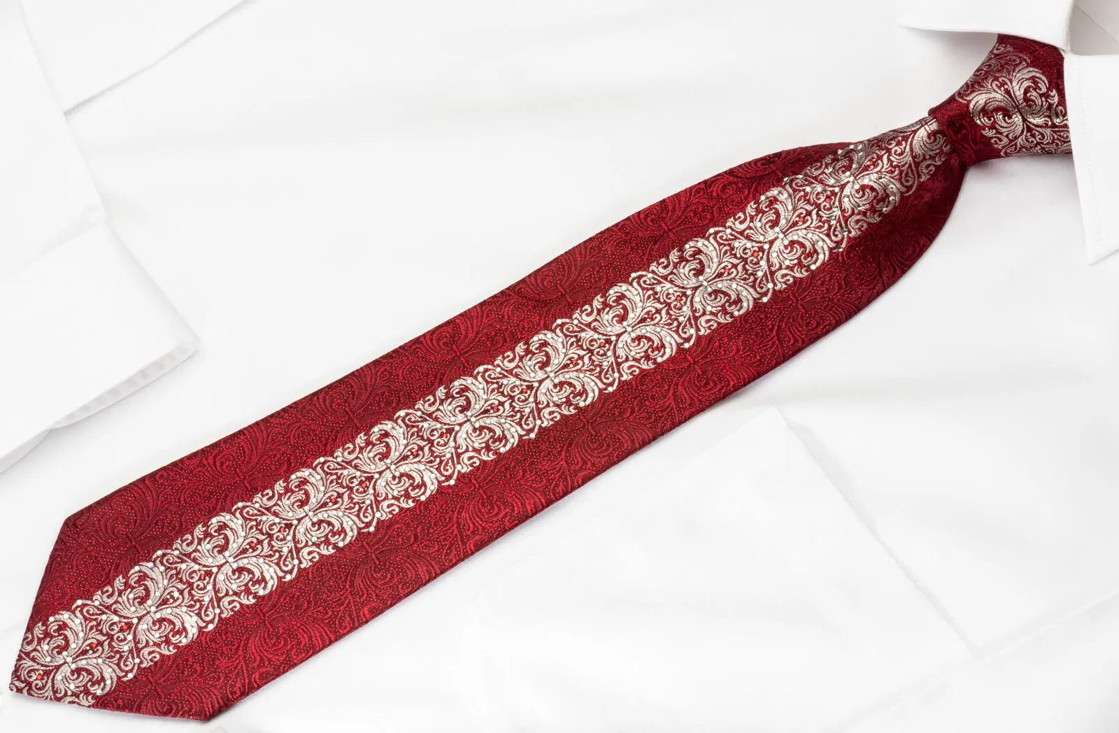 Metro City Silk Rhinestone Tie Silver Damask On Burgundy With Red Sparkles