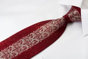Metro City Silk Rhinestone Tie Silver Damask On Burgundy With Red Sparkles
