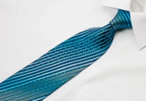 Michiko Koshino Men's Silk Tie Blue Silver Stripes On Navy With Rhinestones