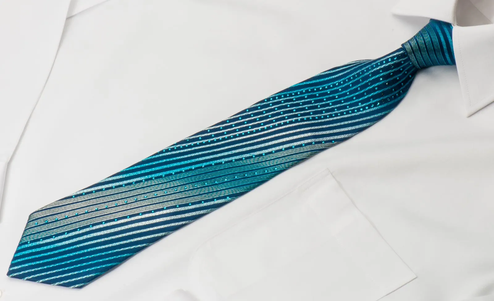 Michiko Koshino Men's Silk Tie Blue Silver Stripes On Navy With Rhinestones