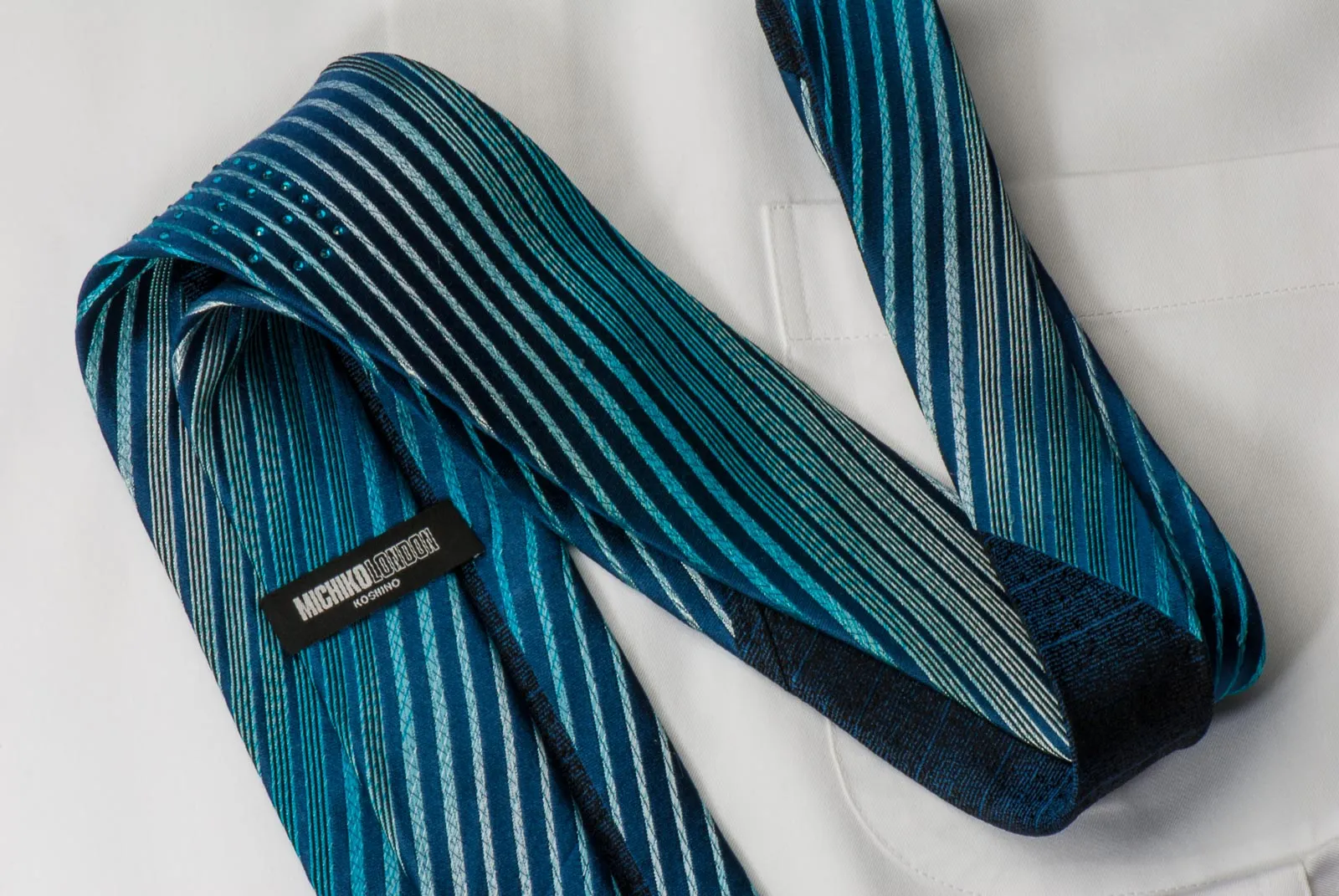Michiko Koshino Men's Silk Tie Blue Silver Stripes On Navy With Rhinestones