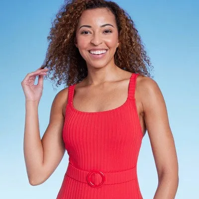 New - Women's Ribbed Front Belt Full Coverage One Piece Swimsuit - Shade & Shore Red M