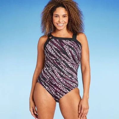 New - Women's UPF 50 Asymmetrical Shoulder One Piece Swimsuit - Aqua Green Burgundy