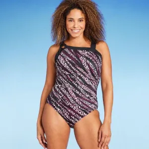 New - Women's UPF 50 Asymmetrical Shoulder One Piece Swimsuit - Aqua Green Burgundy