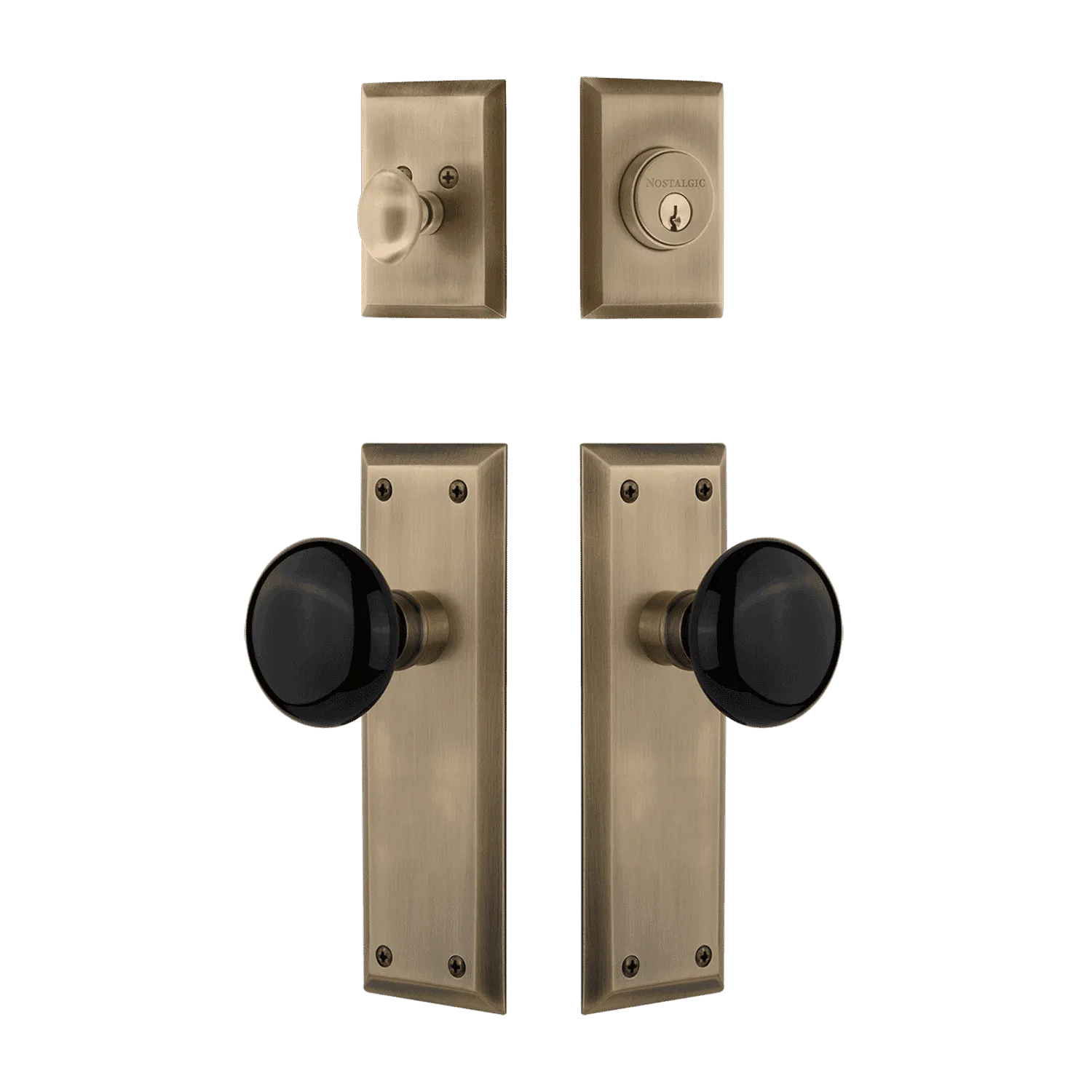 New York Entry Set with Black Porcelain Knob in Antique Brass