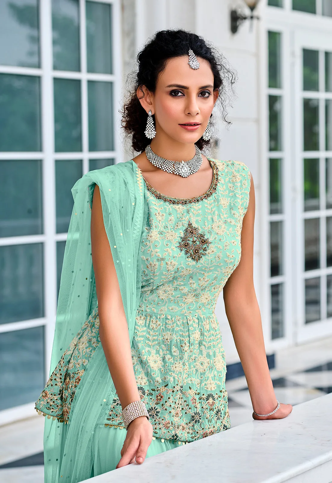 Readymade Sky Blue Embroidered Viscose Georgette Suit