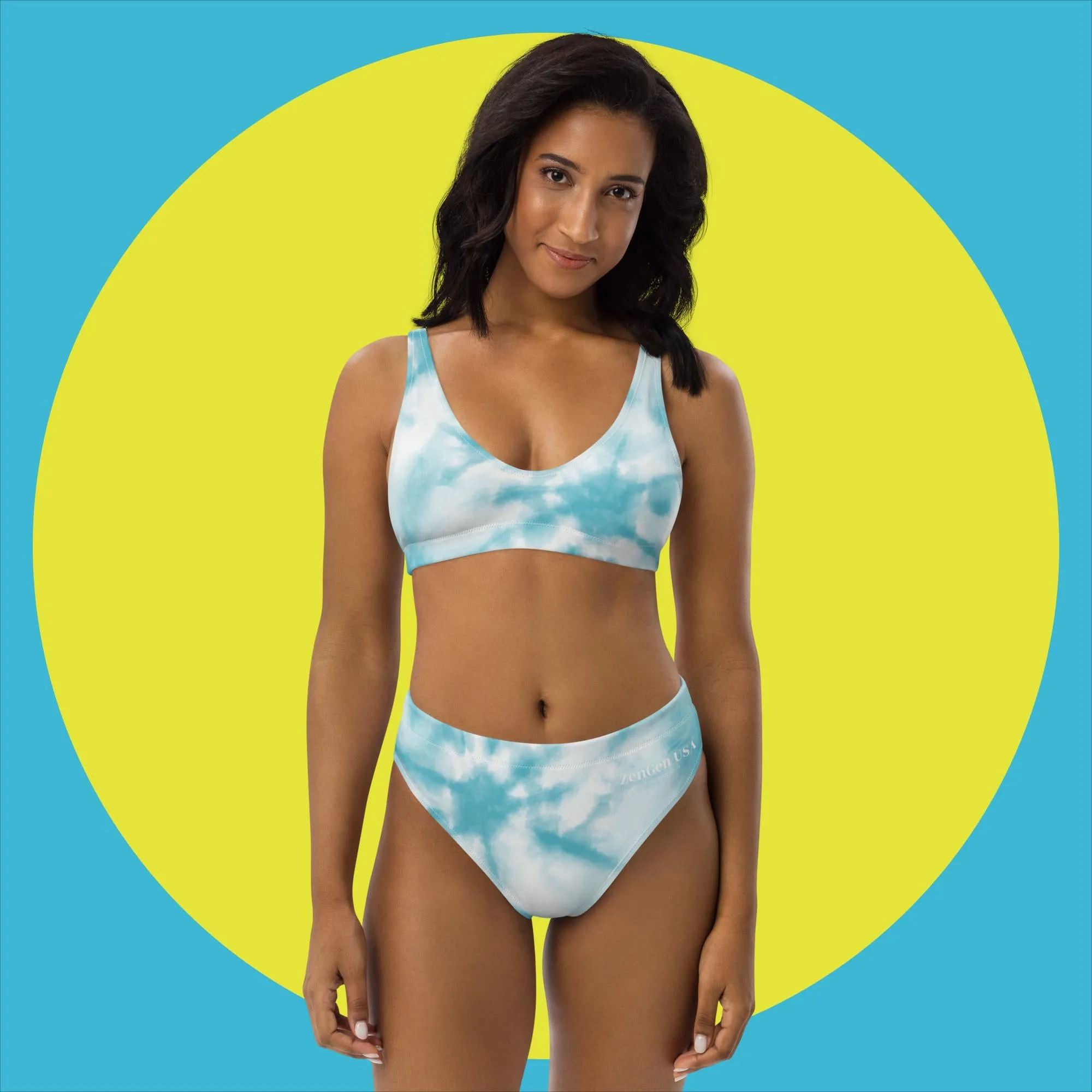 Recycled High-Waisted Bikini - Blue TieDye Print - ZenGen USA