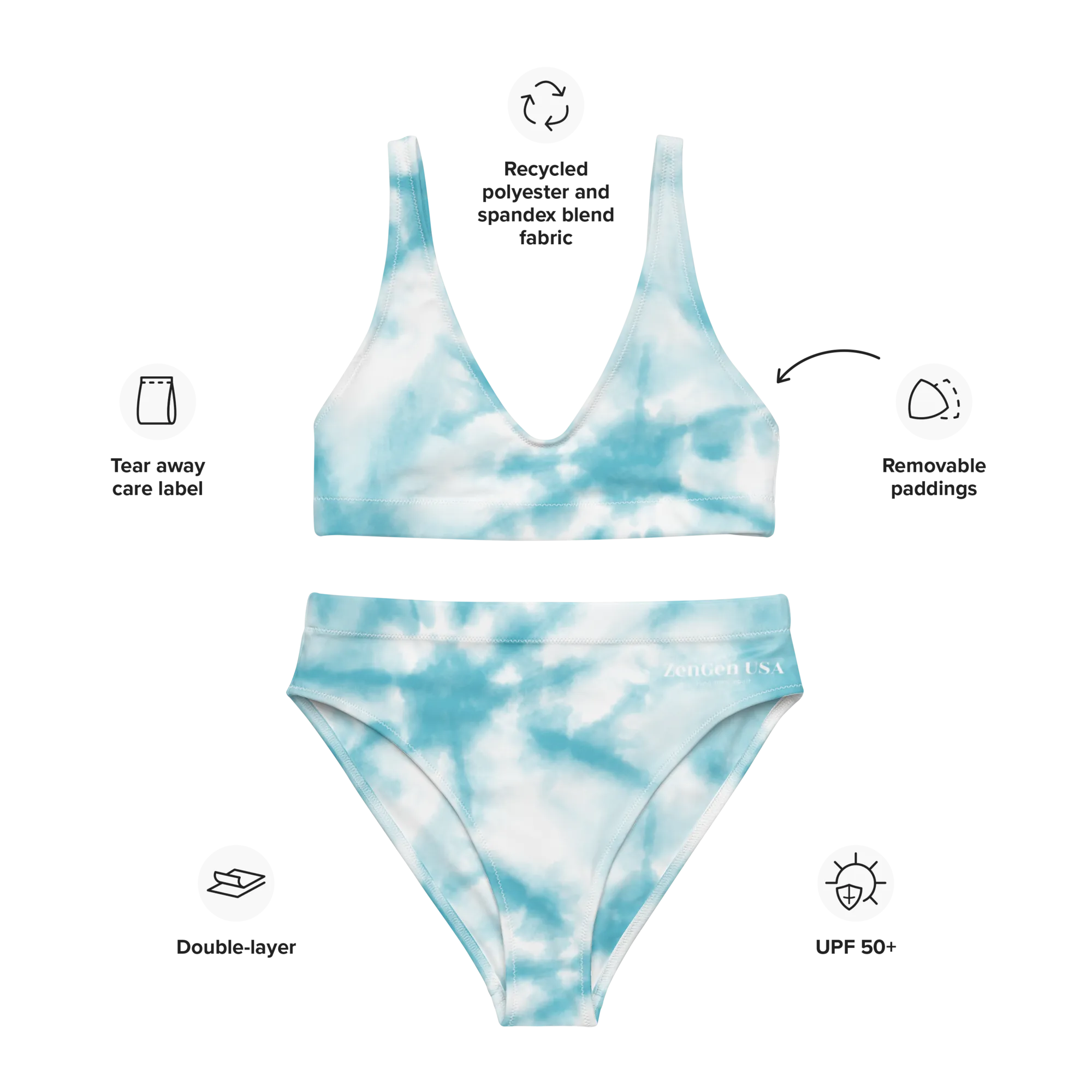 Recycled High-Waisted Bikini - Blue TieDye Print - ZenGen USA