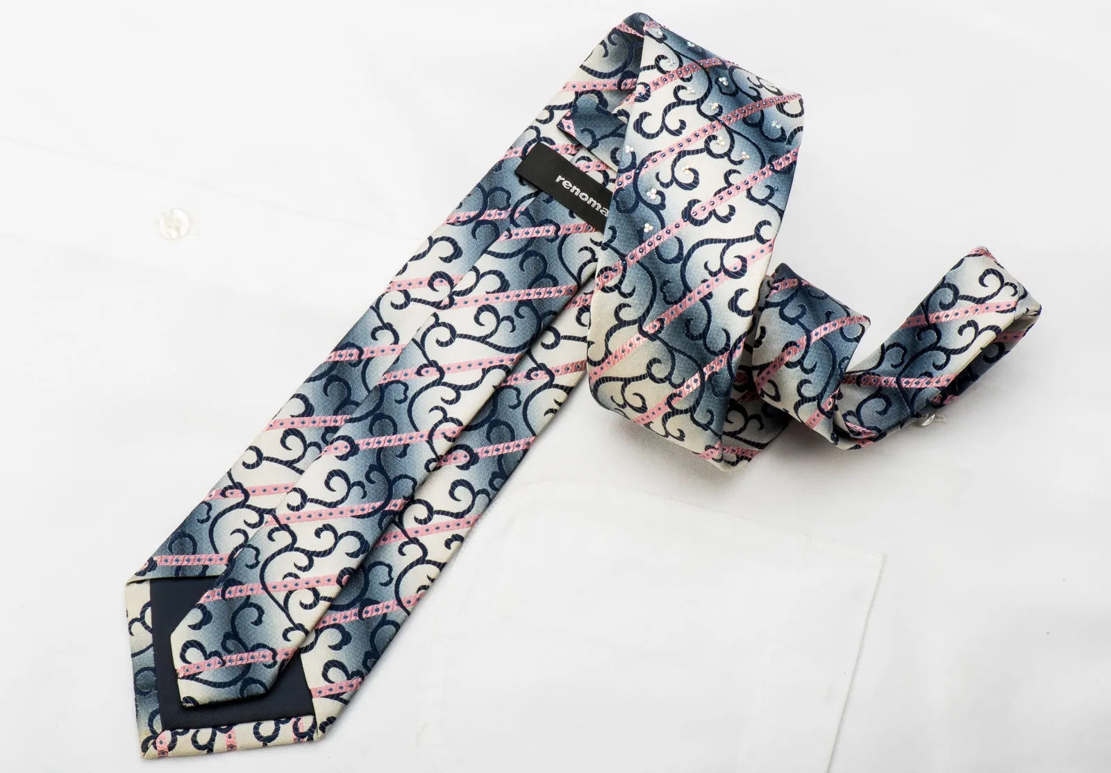 Renoma Rhinestone Necktie Pink Stripes & Blue Scrolls On Silver