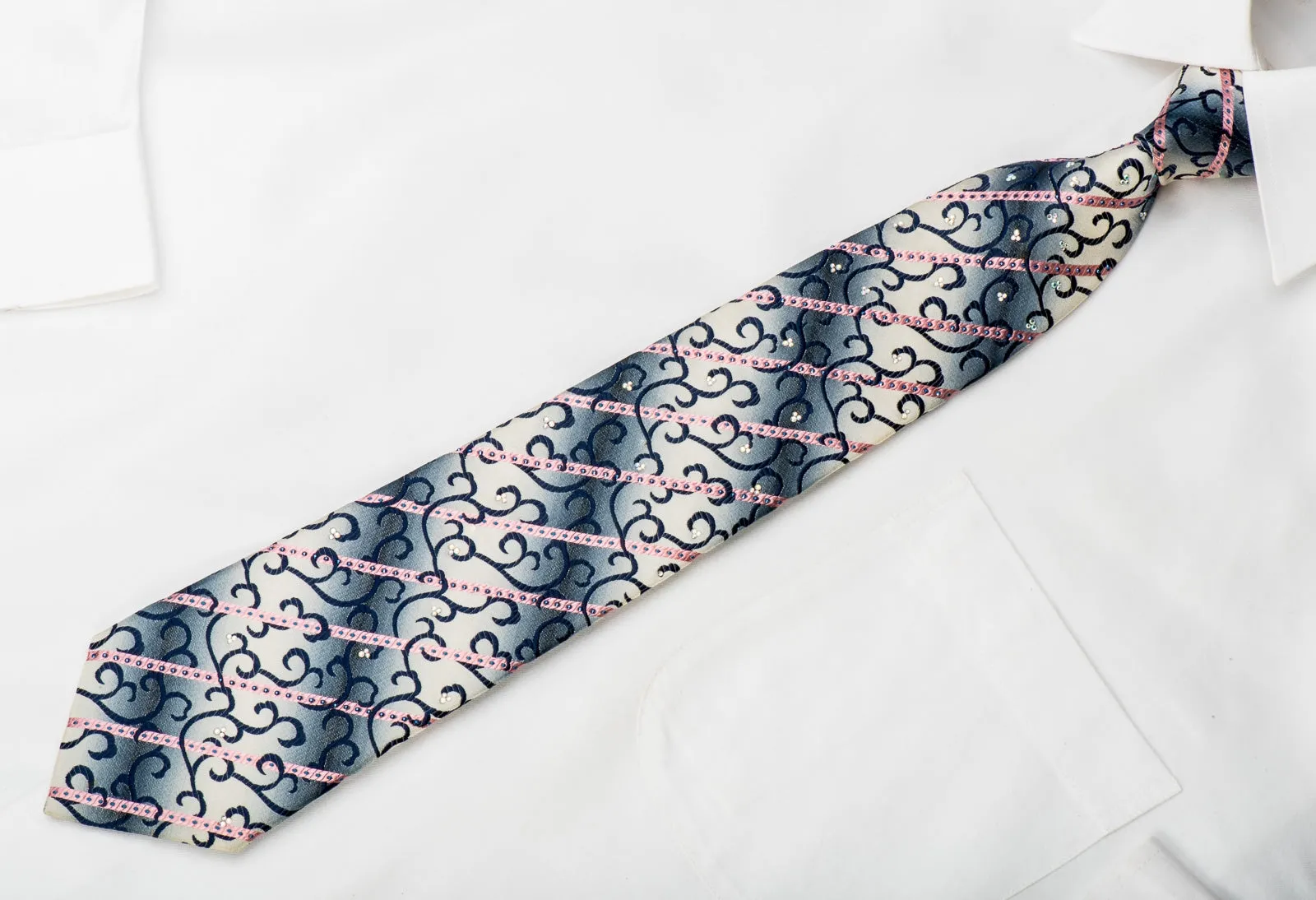 Renoma Rhinestone Necktie Pink Stripes & Blue Scrolls On Silver