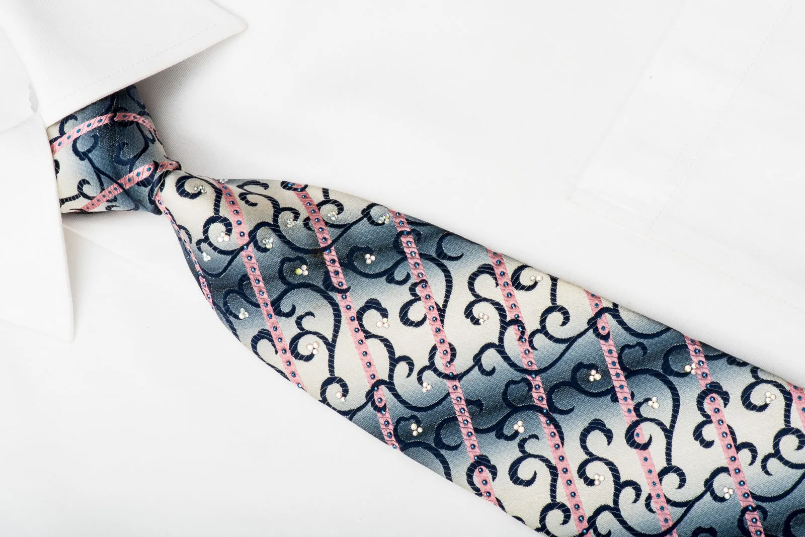 Renoma Rhinestone Necktie Pink Stripes & Blue Scrolls On Silver