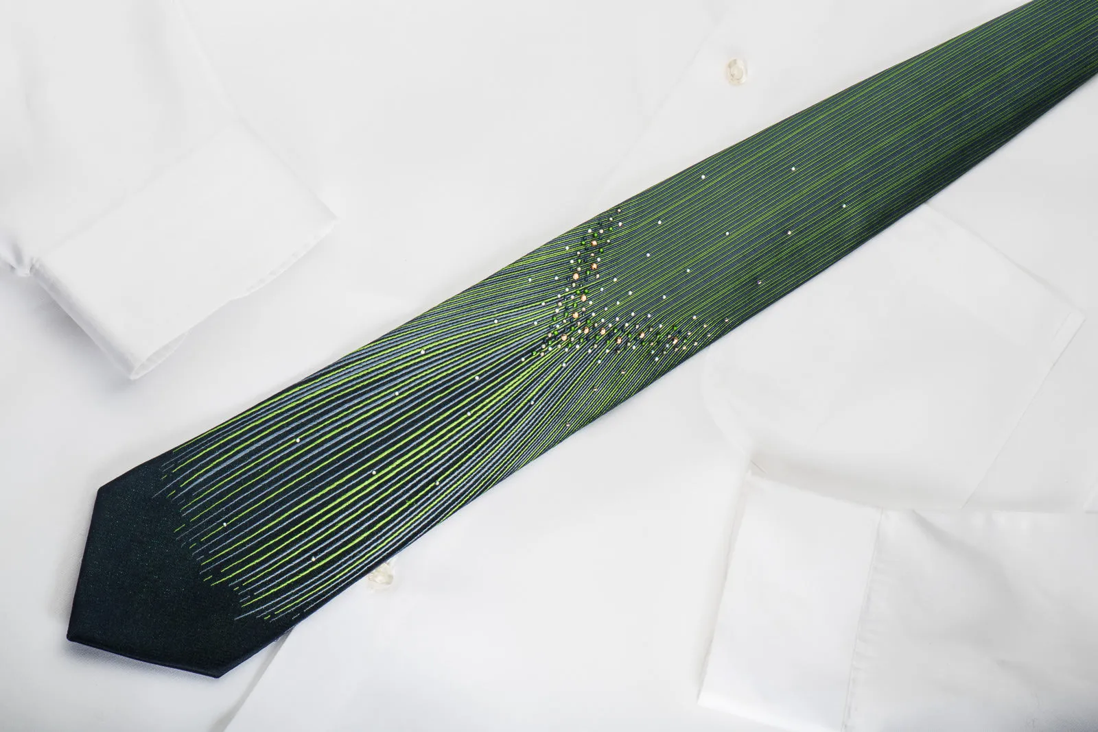 Roberta di Camerino Rhinestone Silk Necktie Emerald Green Vertical Stripes On Navy With Micro Sparkles