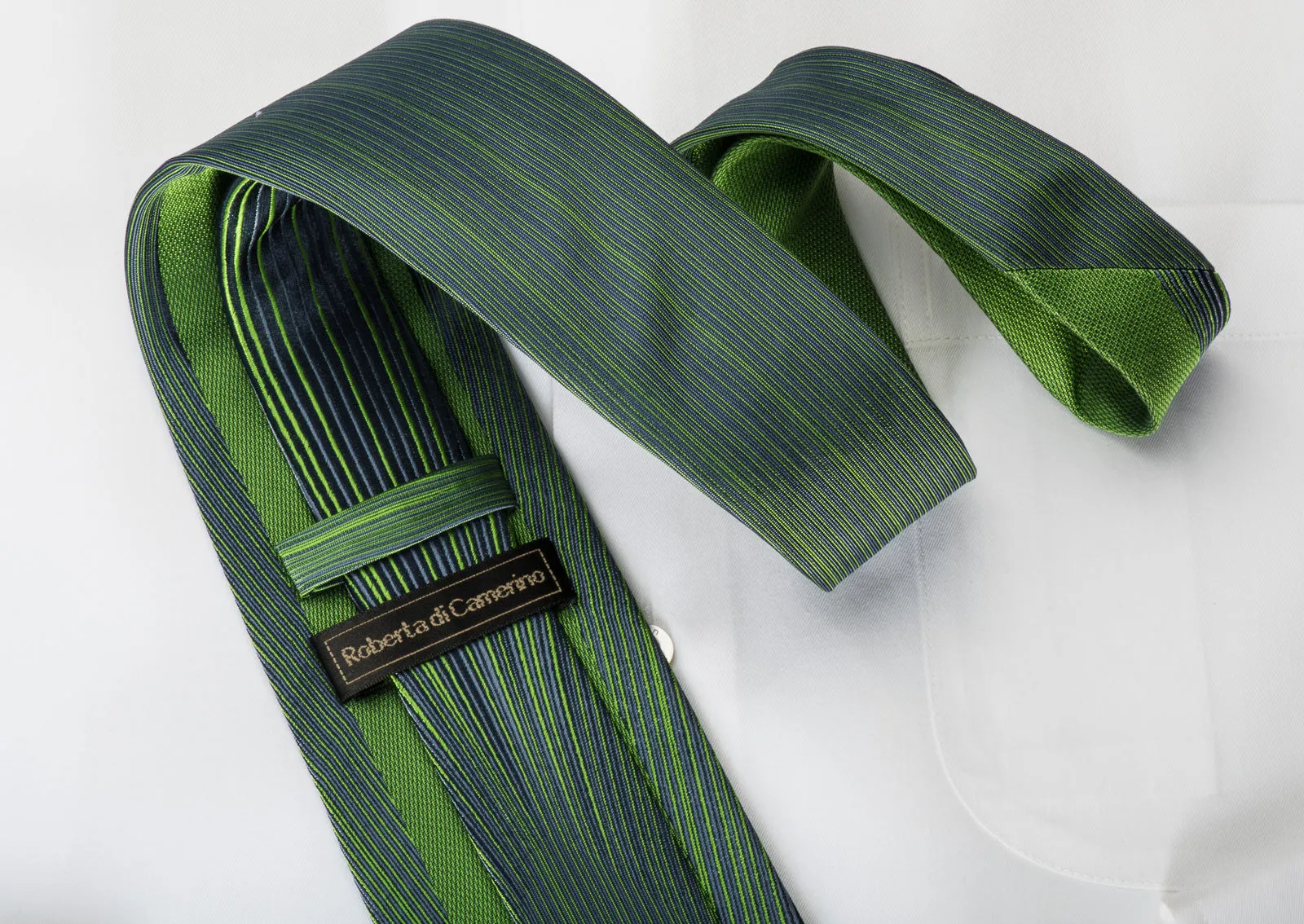 Roberta di Camerino Rhinestone Silk Necktie Emerald Green Vertical Stripes On Navy With Micro Sparkles