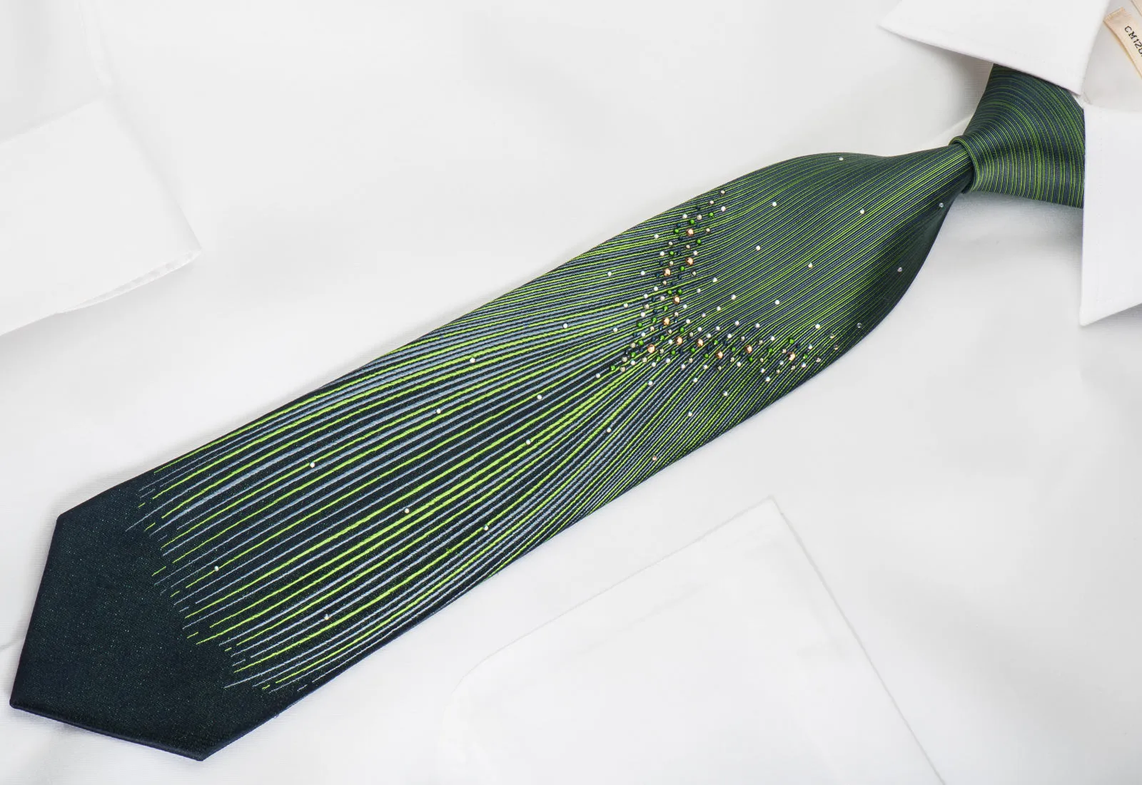 Roberta di Camerino Rhinestone Silk Necktie Emerald Green Vertical Stripes On Navy With Micro Sparkles