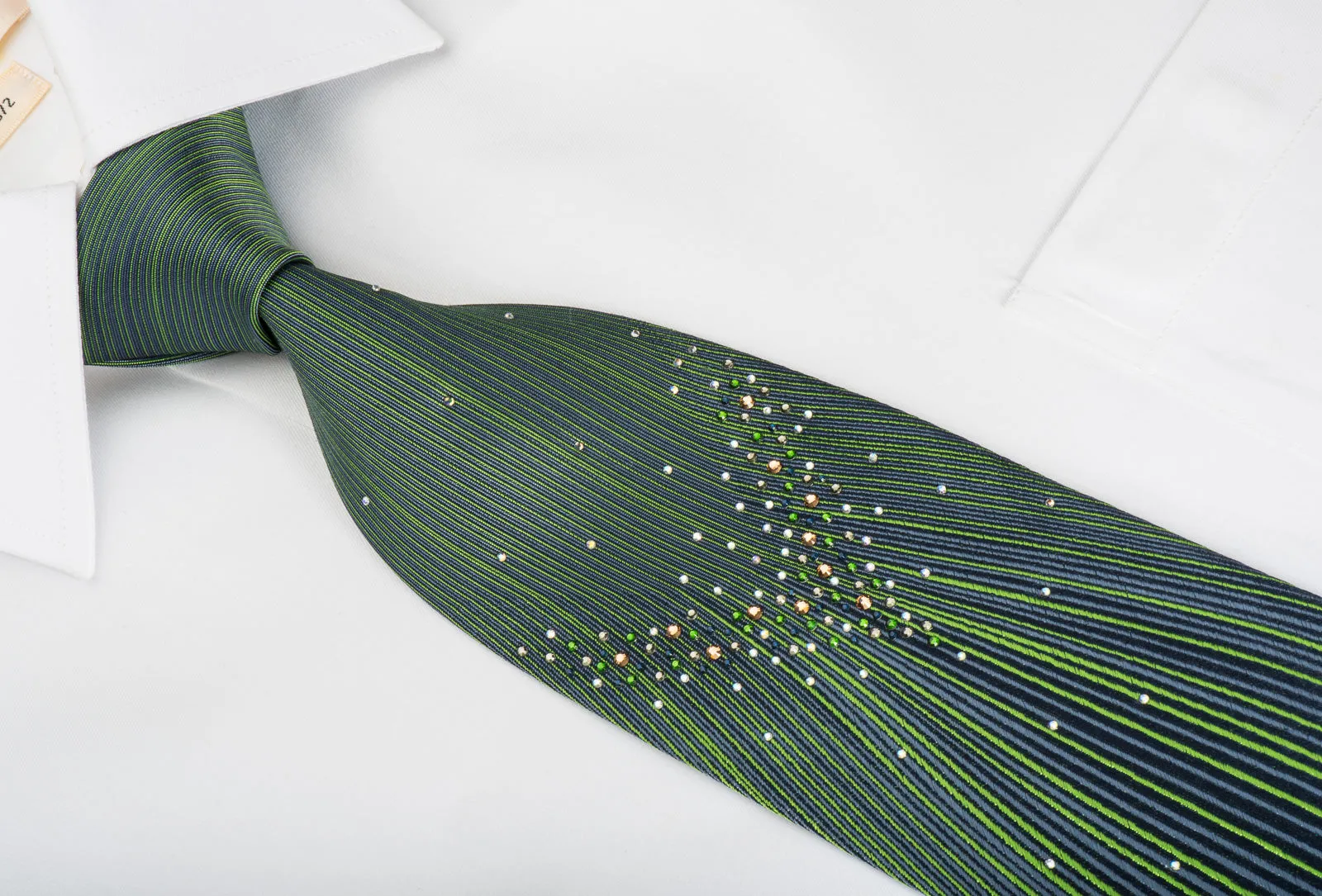 Roberta di Camerino Rhinestone Silk Necktie Emerald Green Vertical Stripes On Navy With Micro Sparkles