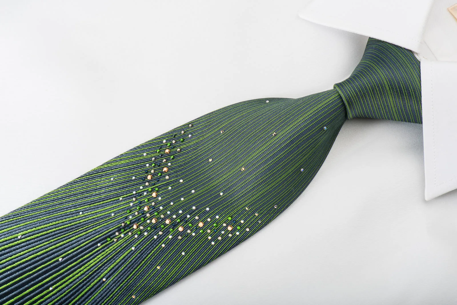 Roberta di Camerino Rhinestone Silk Necktie Emerald Green Vertical Stripes On Navy With Micro Sparkles