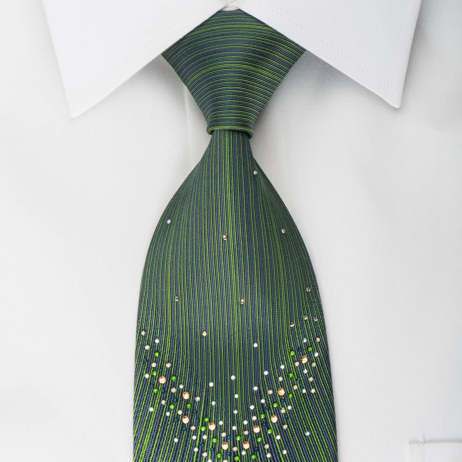 Roberta di Camerino Rhinestone Silk Necktie Emerald Green Vertical Stripes On Navy With Micro Sparkles