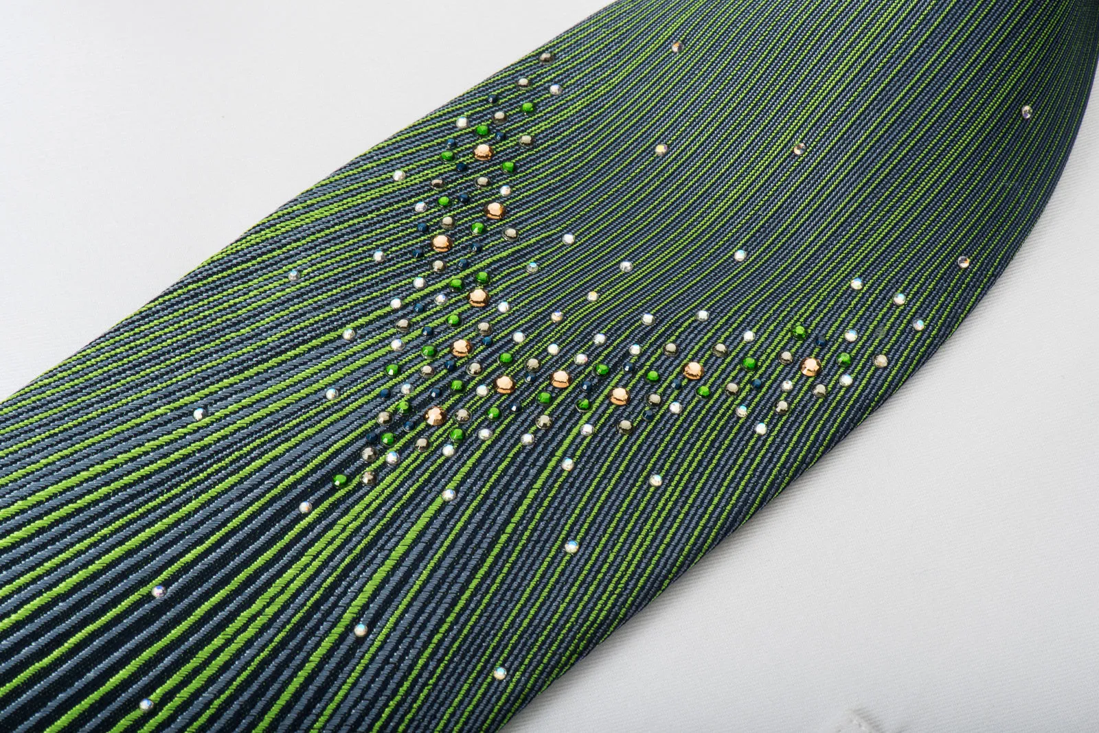 Roberta di Camerino Rhinestone Silk Necktie Emerald Green Vertical Stripes On Navy With Micro Sparkles