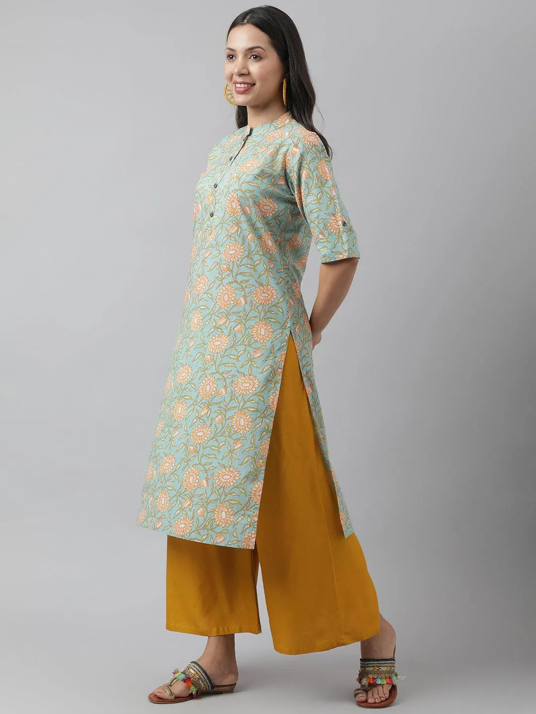 Sea Green Floral Printed Straight Kurta