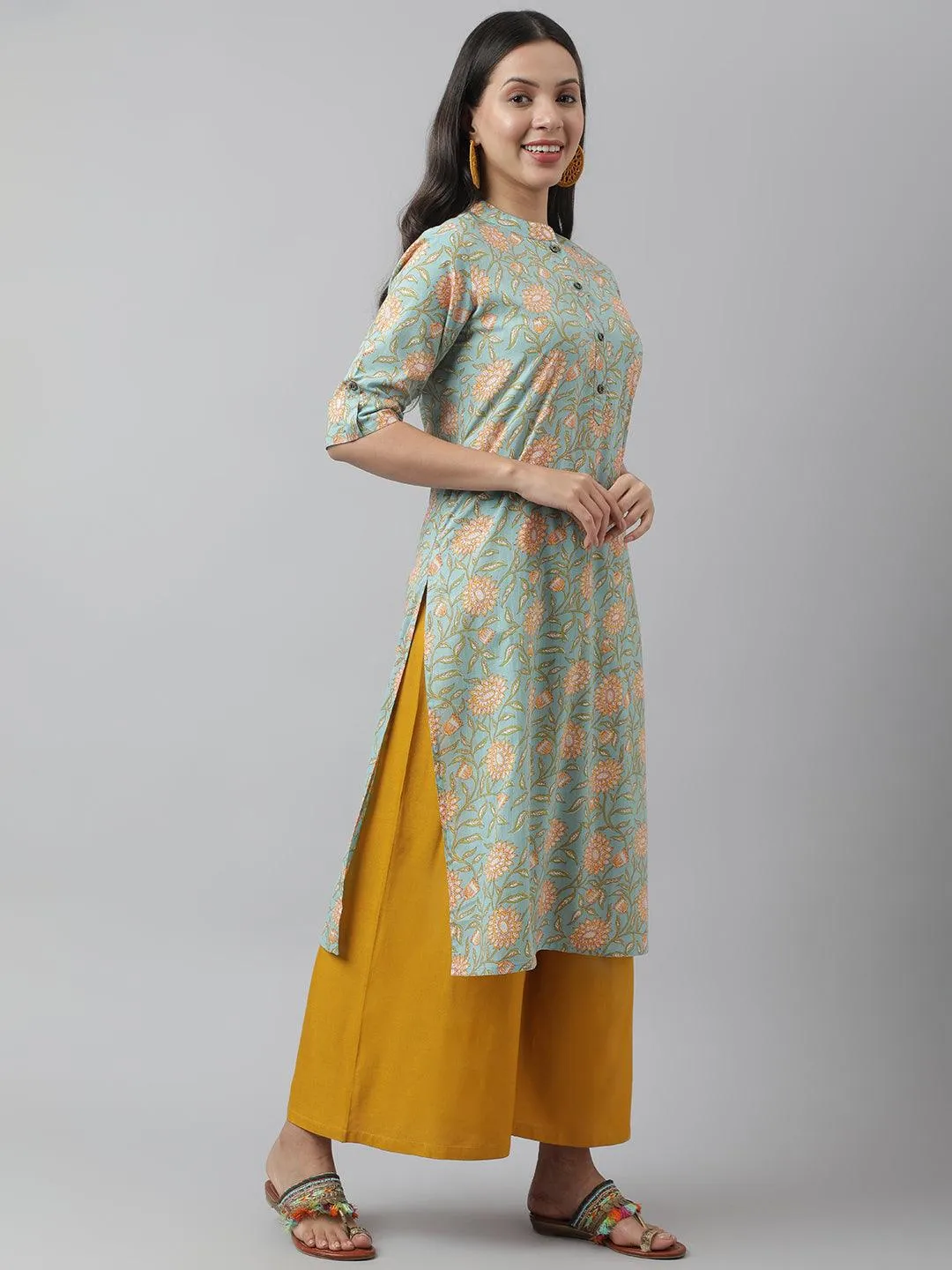 Sea Green Floral Printed Straight Kurta