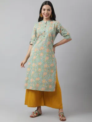 Sea Green Floral Printed Straight Kurta