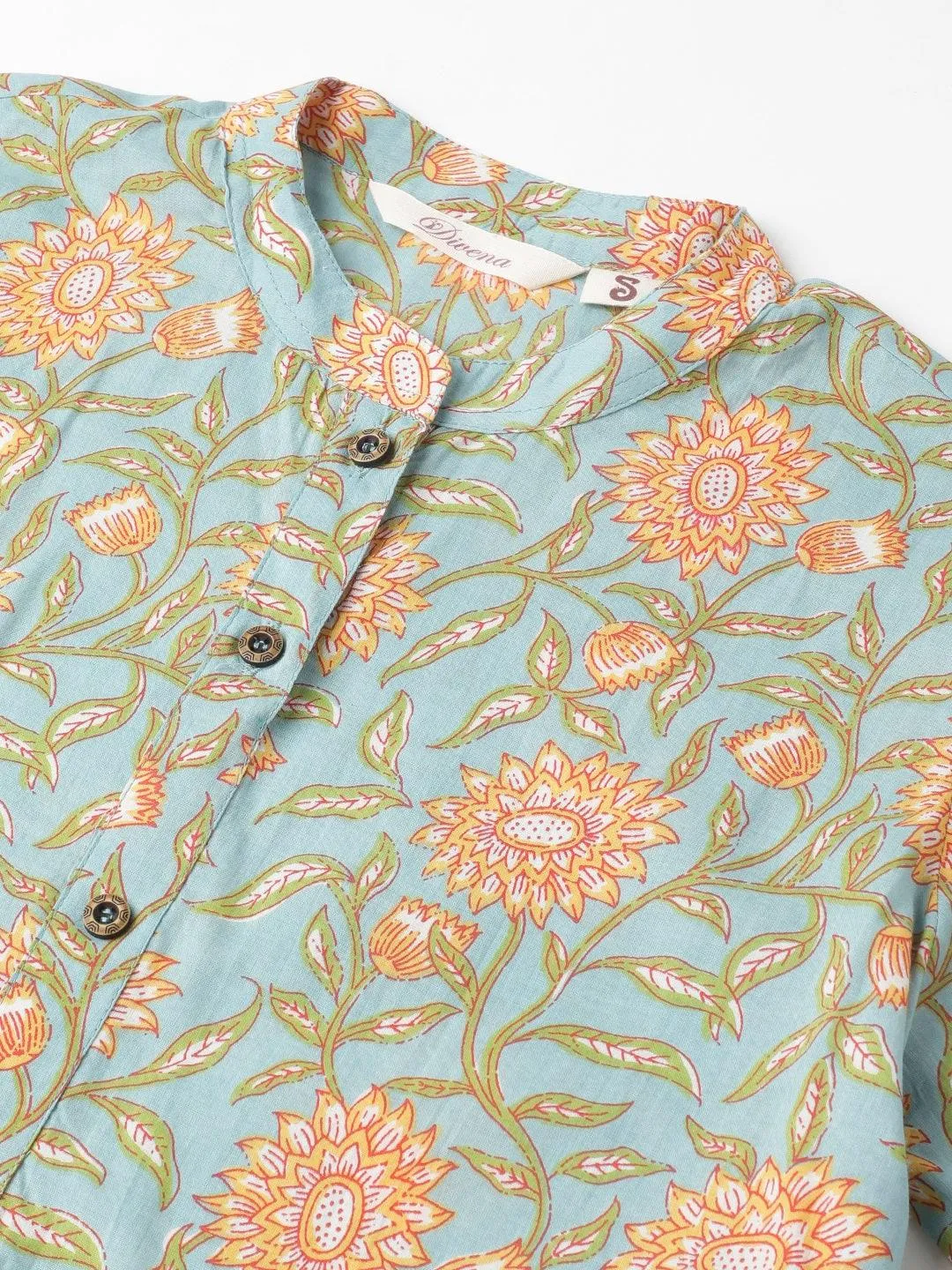 Sea Green Floral Printed Straight Kurta