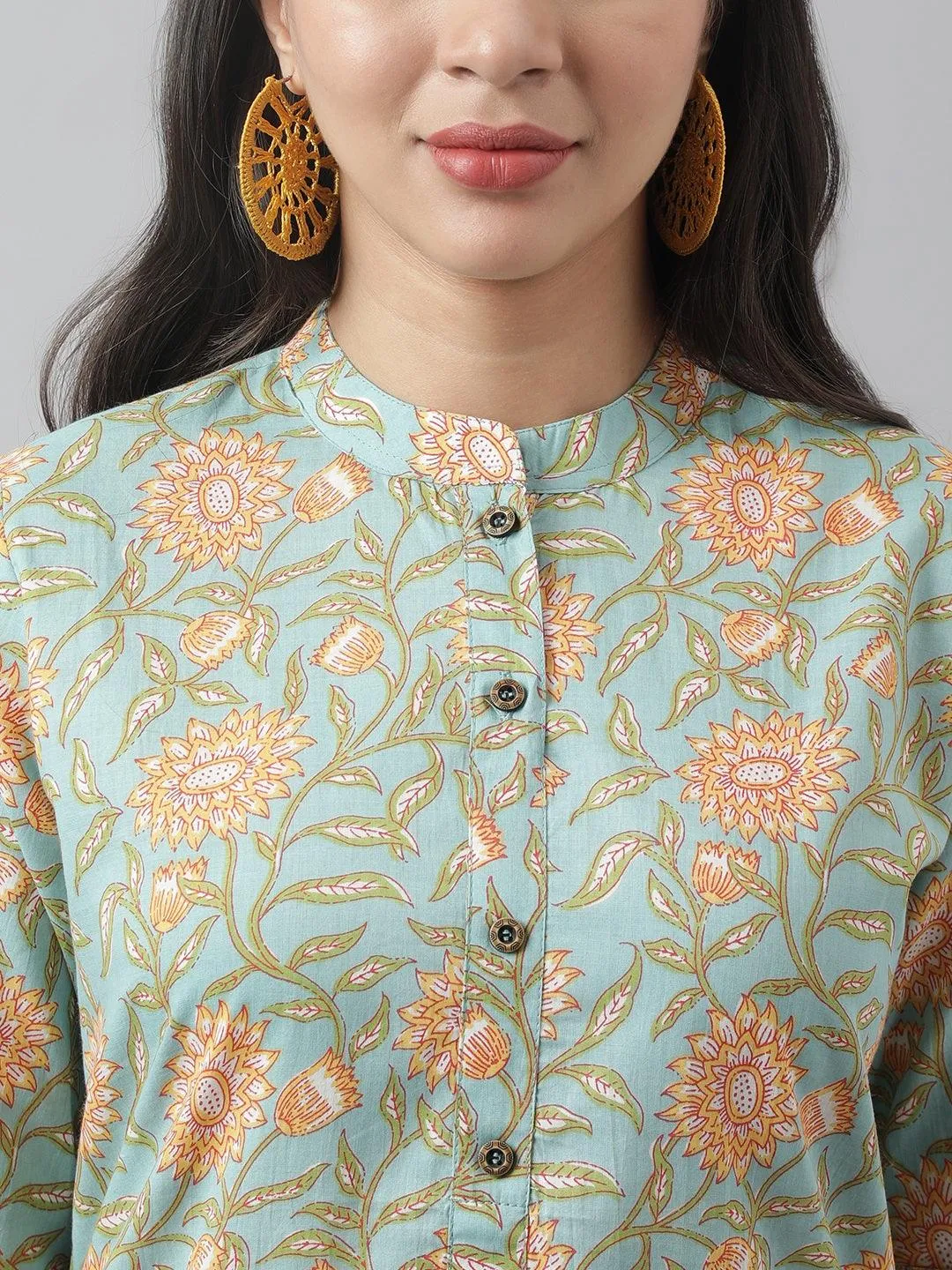 Sea Green Floral Printed Straight Kurta