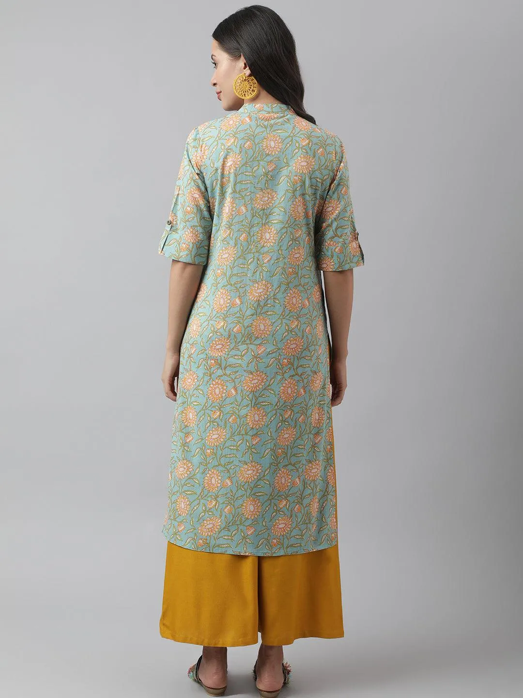 Sea Green Floral Printed Straight Kurta