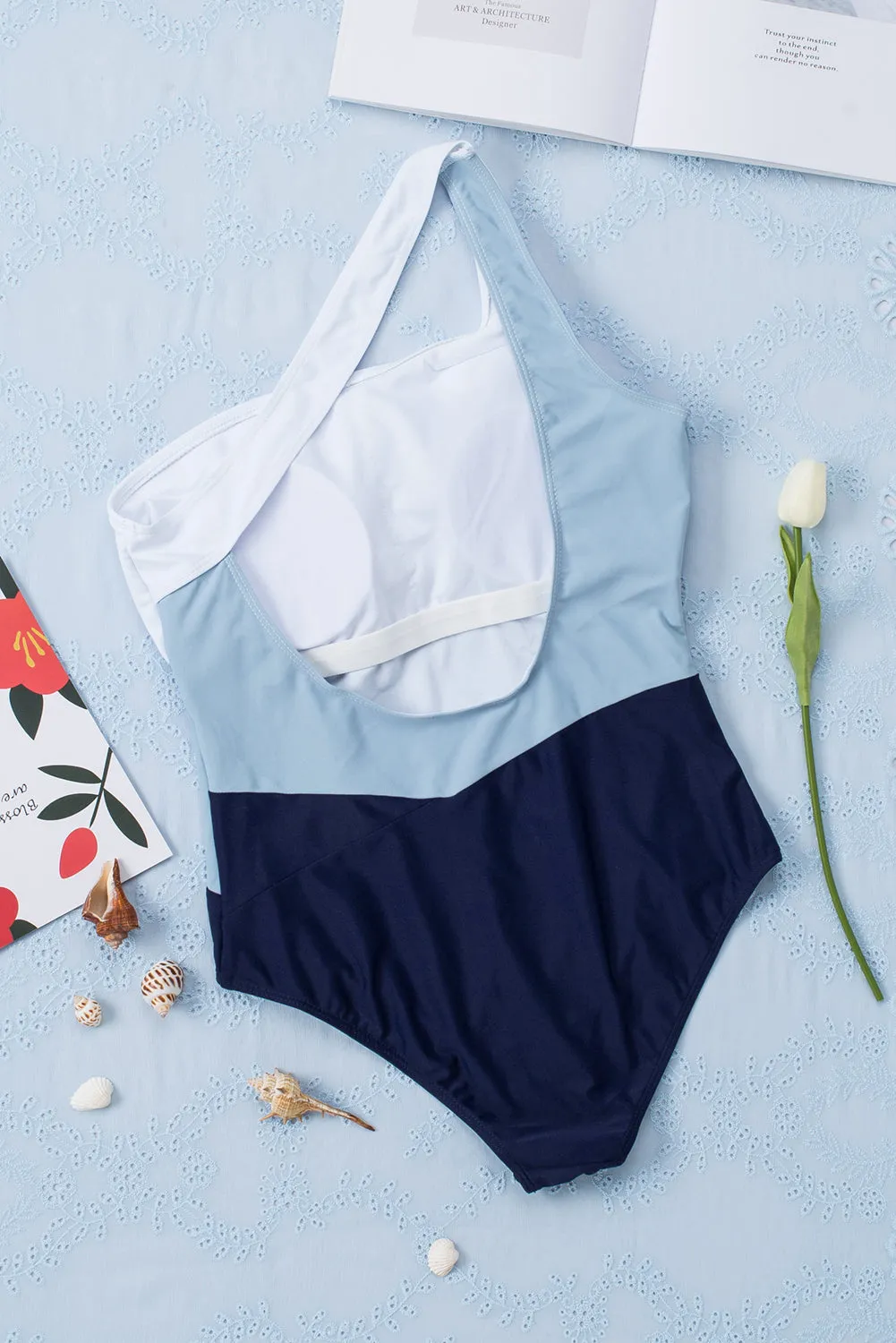 TEEK - Light Blue Cutout Color Block One Shoulder Swimwear