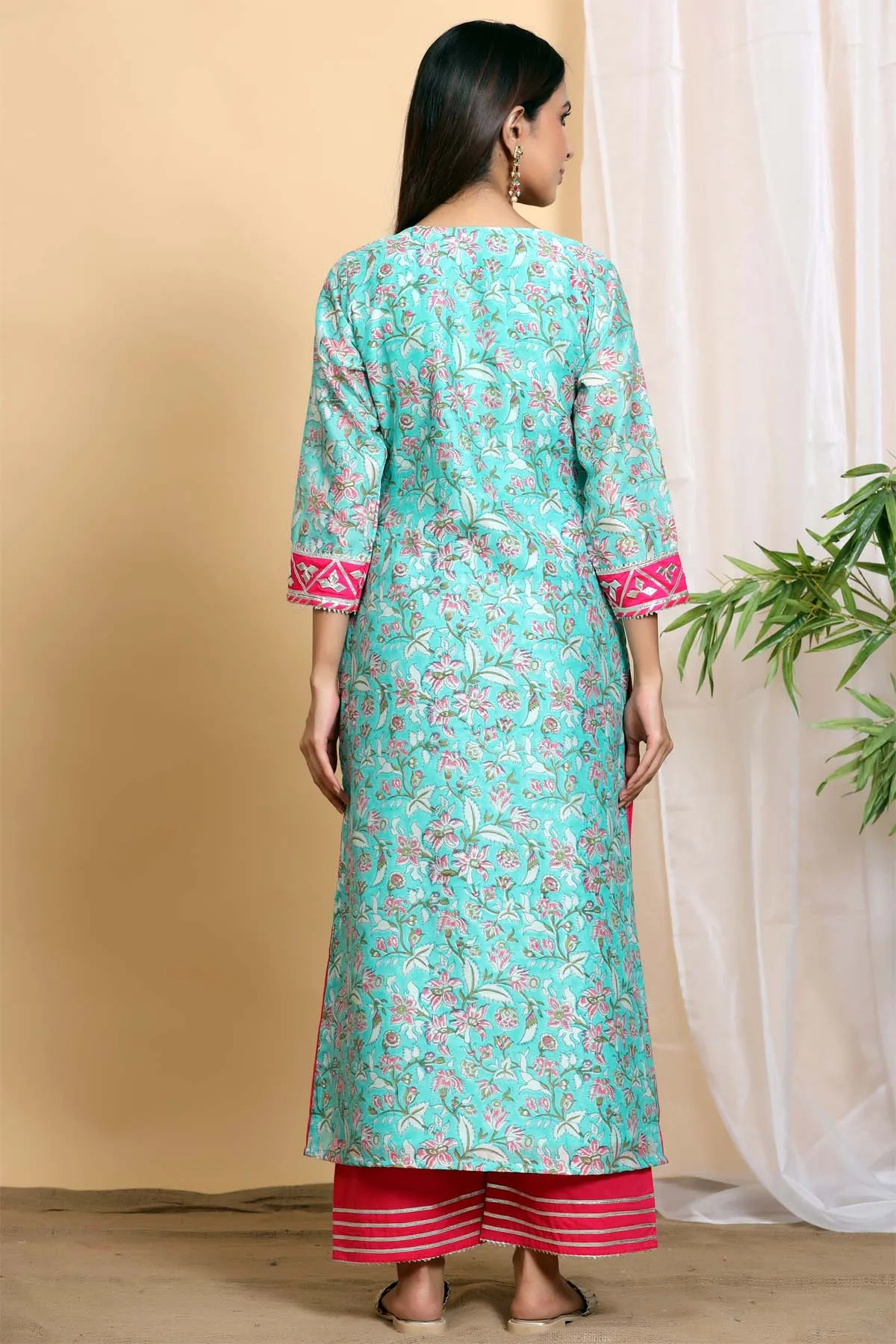 Turquoise hand block printed Chanderi kurta