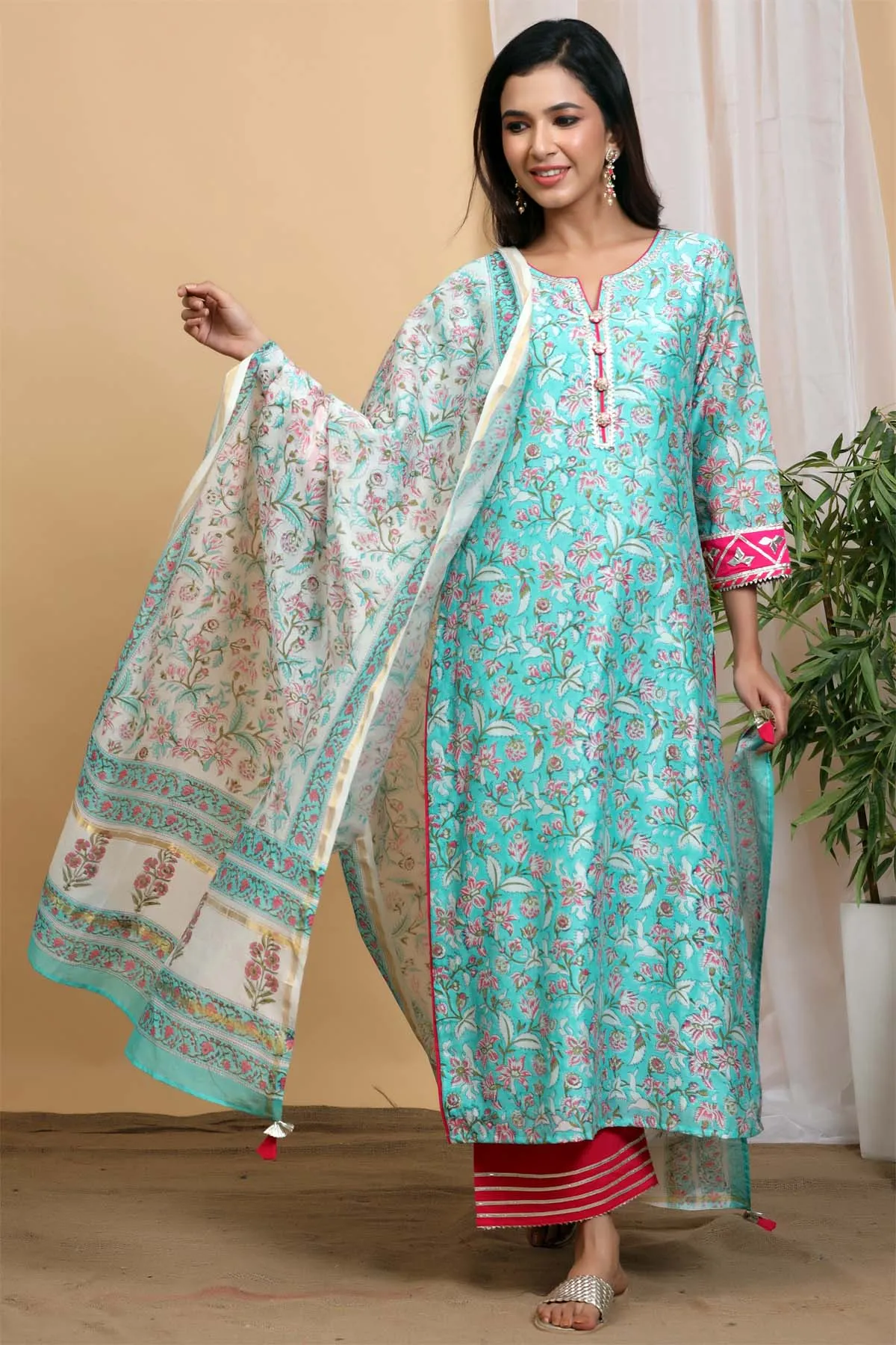 Turquoise hand block printed Chanderi kurta