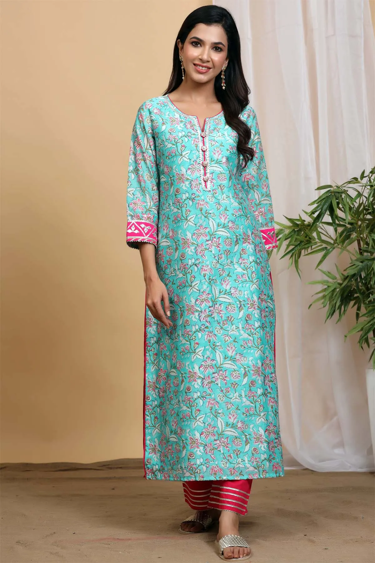 Turquoise hand block printed Chanderi kurta