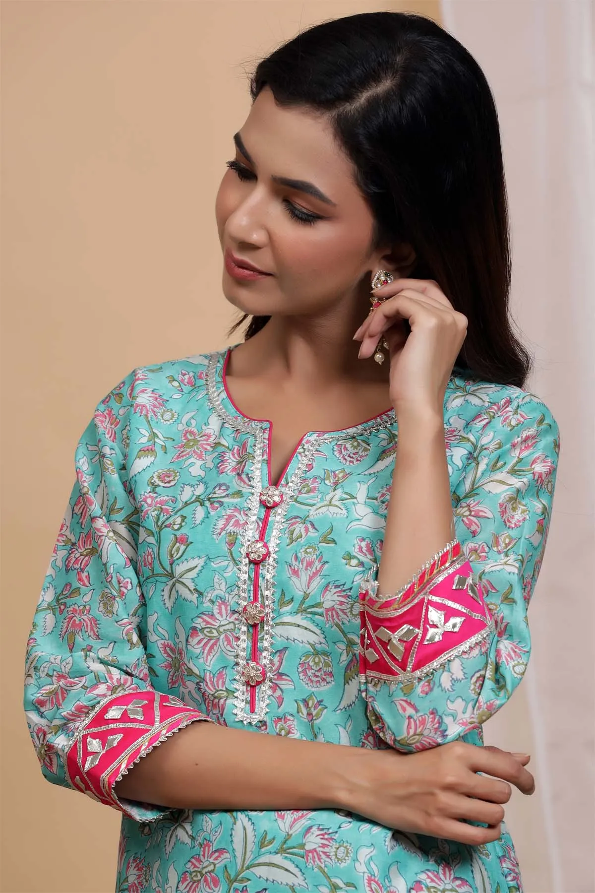Turquoise hand block printed Chanderi kurta
