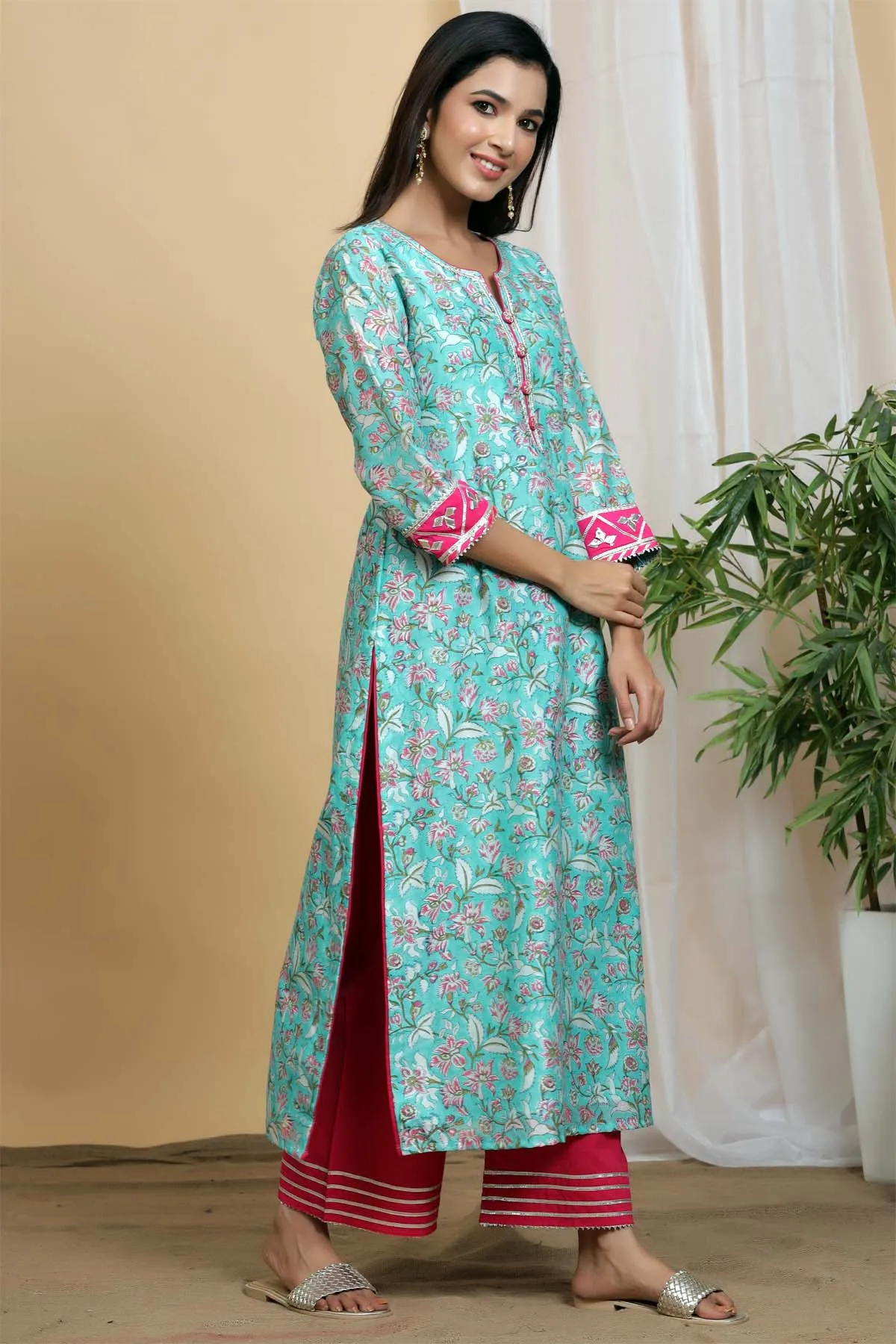 Turquoise hand block printed Chanderi kurta