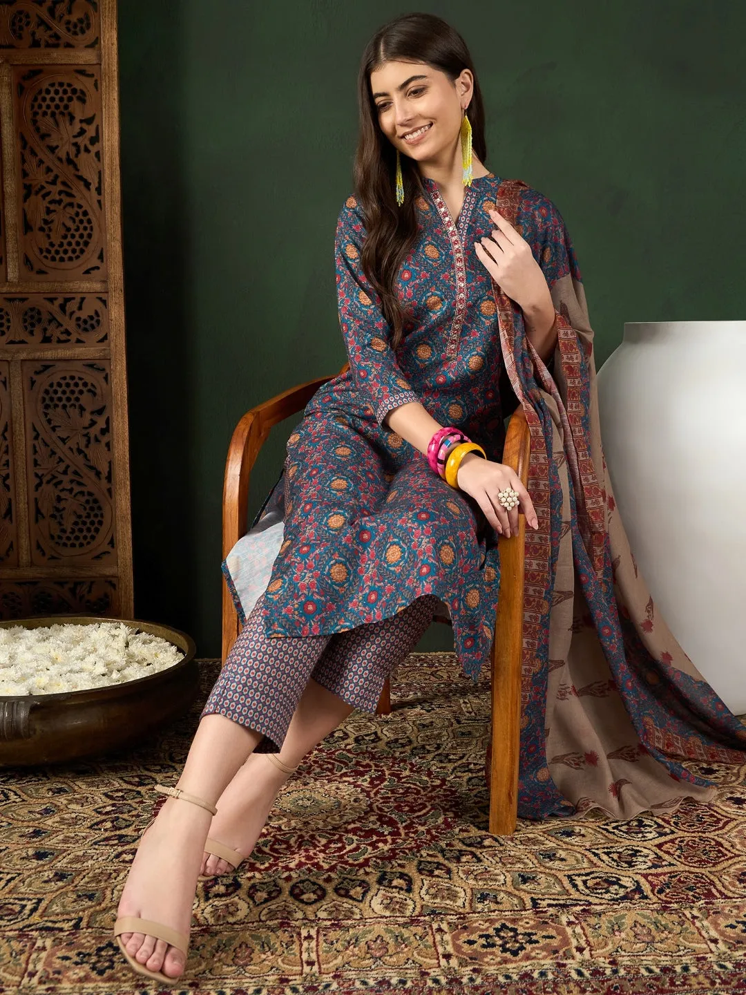 Women Blue Poly Rayon Floral Printed Straight Kurta Trouser With Dupatta