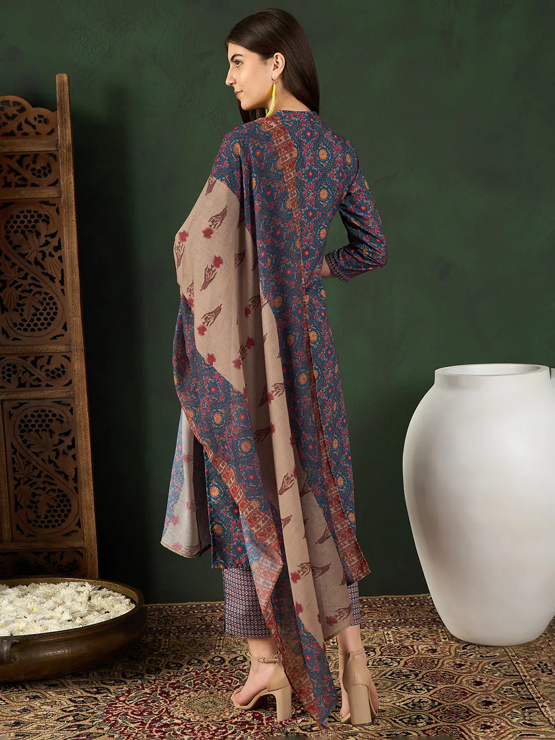 Women Blue Poly Rayon Floral Printed Straight Kurta Trouser With Dupatta