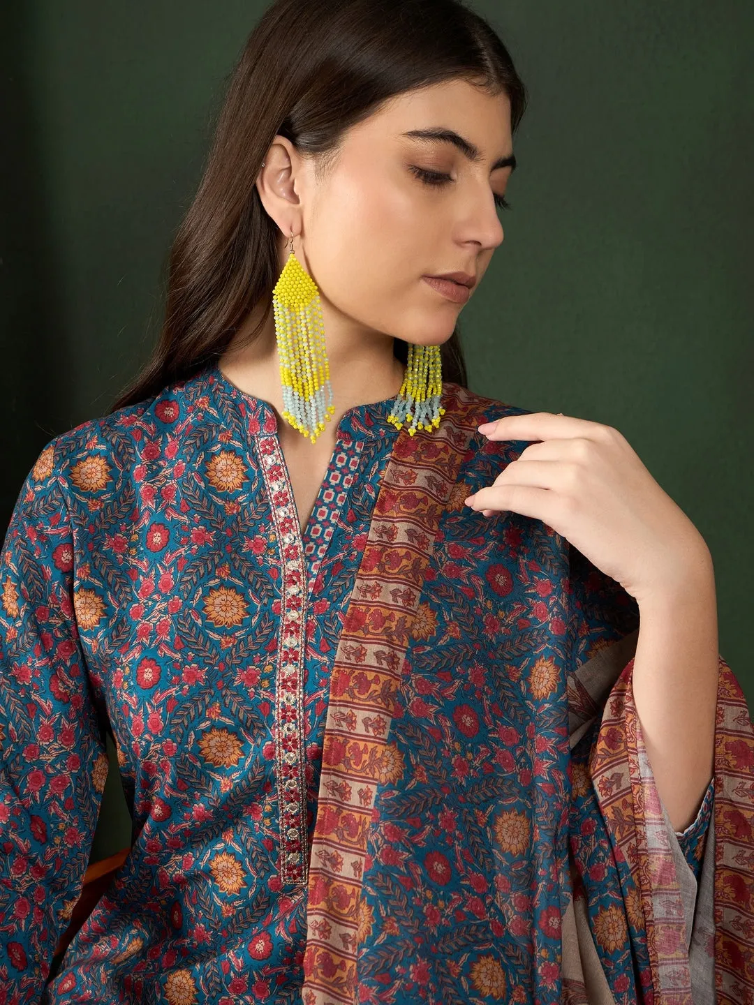 Women Blue Poly Rayon Floral Printed Straight Kurta Trouser With Dupatta
