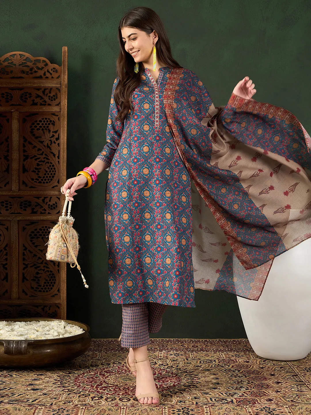 Women Blue Poly Rayon Floral Printed Straight Kurta Trouser With Dupatta
