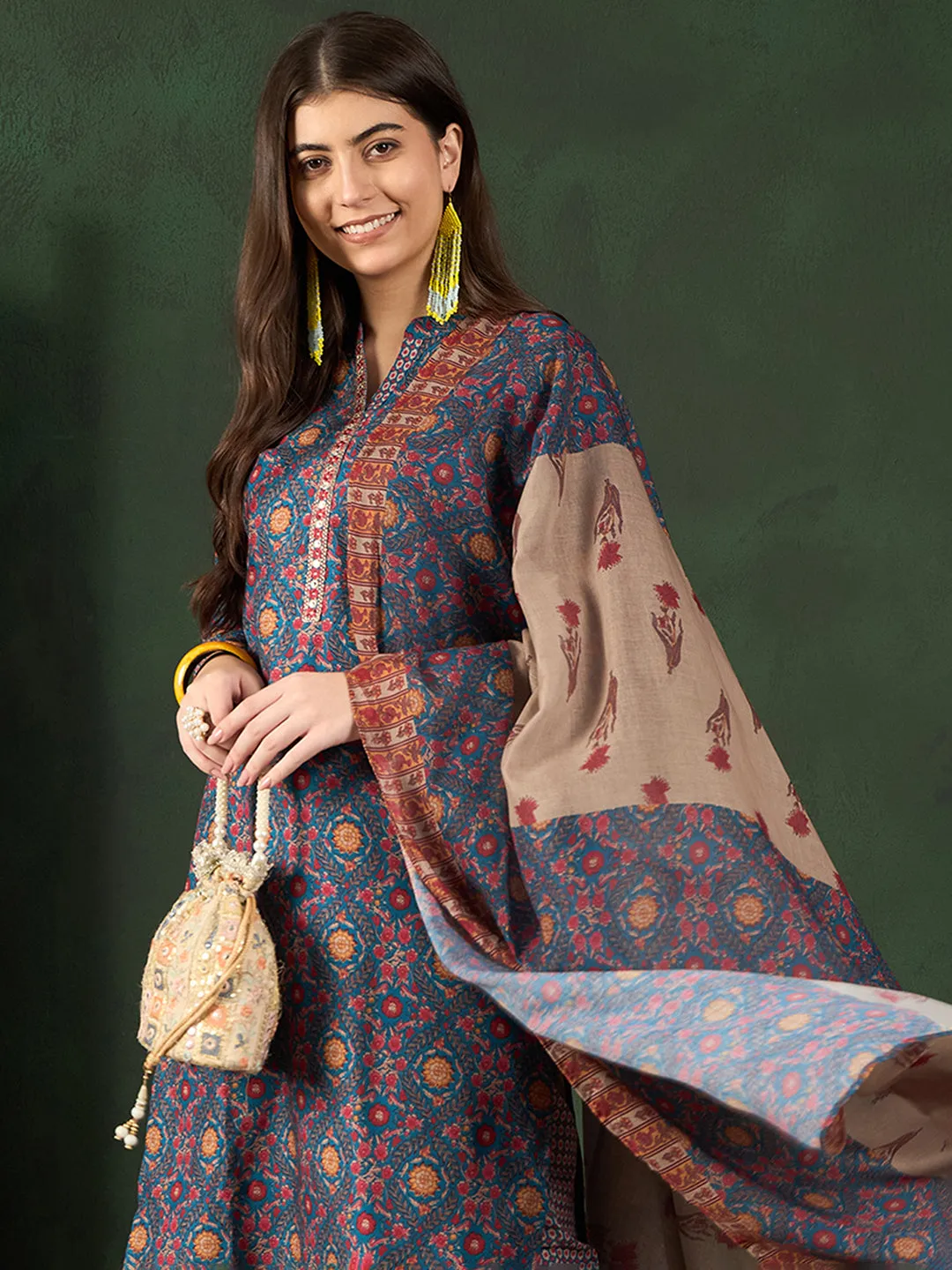 Women Blue Poly Rayon Floral Printed Straight Kurta Trouser With Dupatta