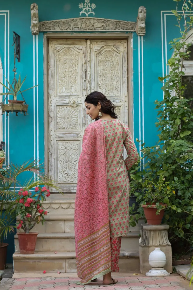 Women Cotton Green Floral Printed Straight Kurta Pant Dupatta Set