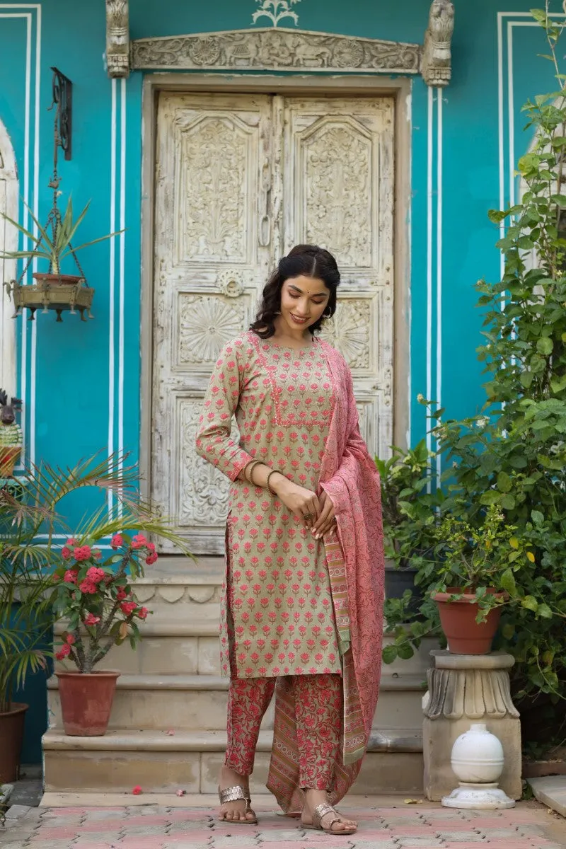 Women Cotton Green Floral Printed Straight Kurta Pant Dupatta Set