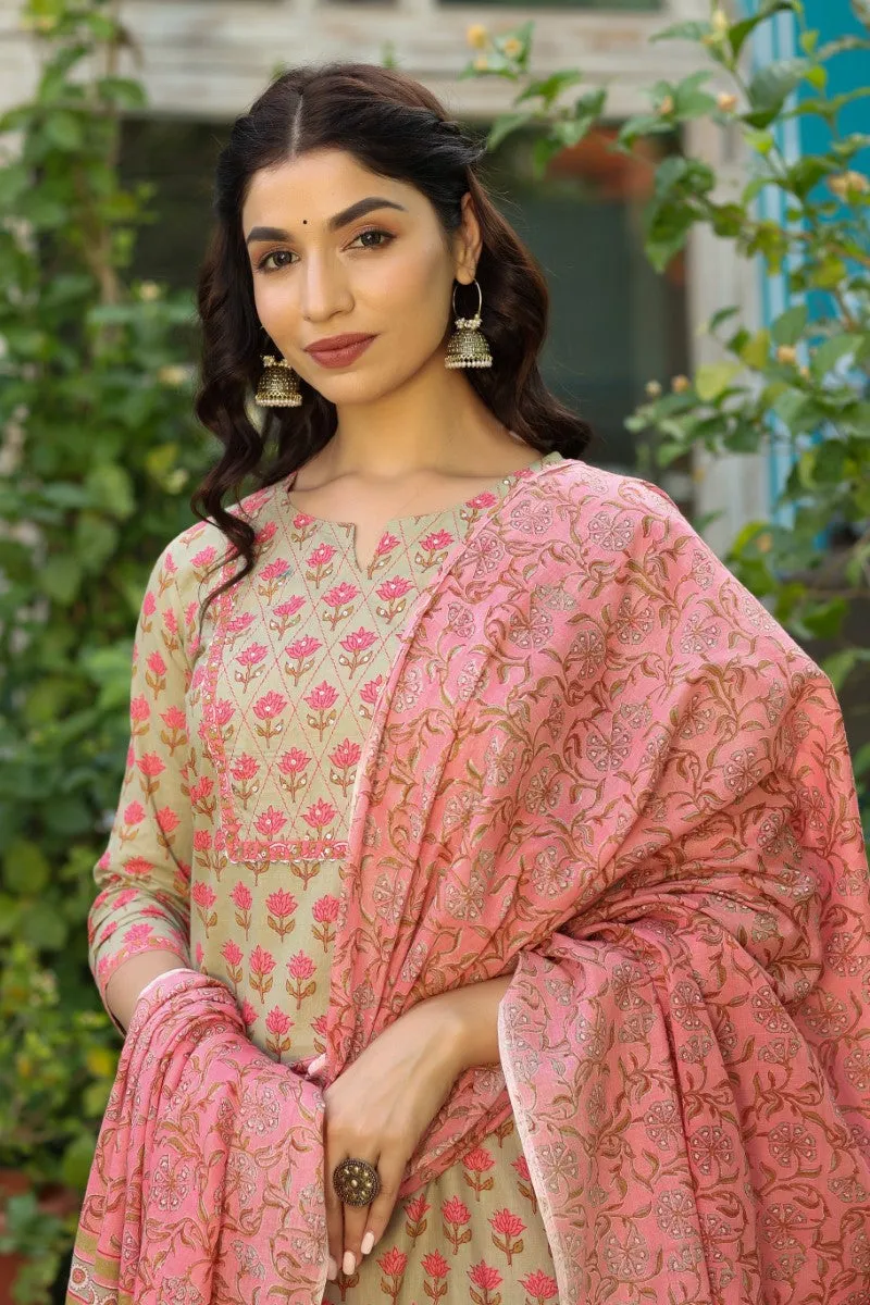 Women Cotton Green Floral Printed Straight Kurta Pant Dupatta Set