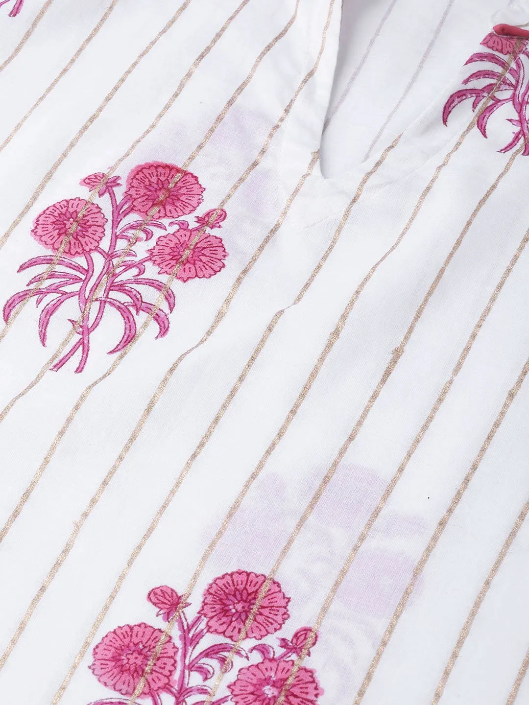 Women White & Pink Cotton Straight Floral Printed Kurta