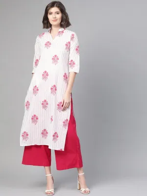 Women White & Pink Cotton Straight Floral Printed Kurta